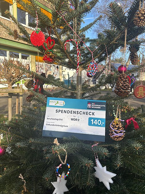 Der Scheck liegt auf dem Weihnachtsbaum