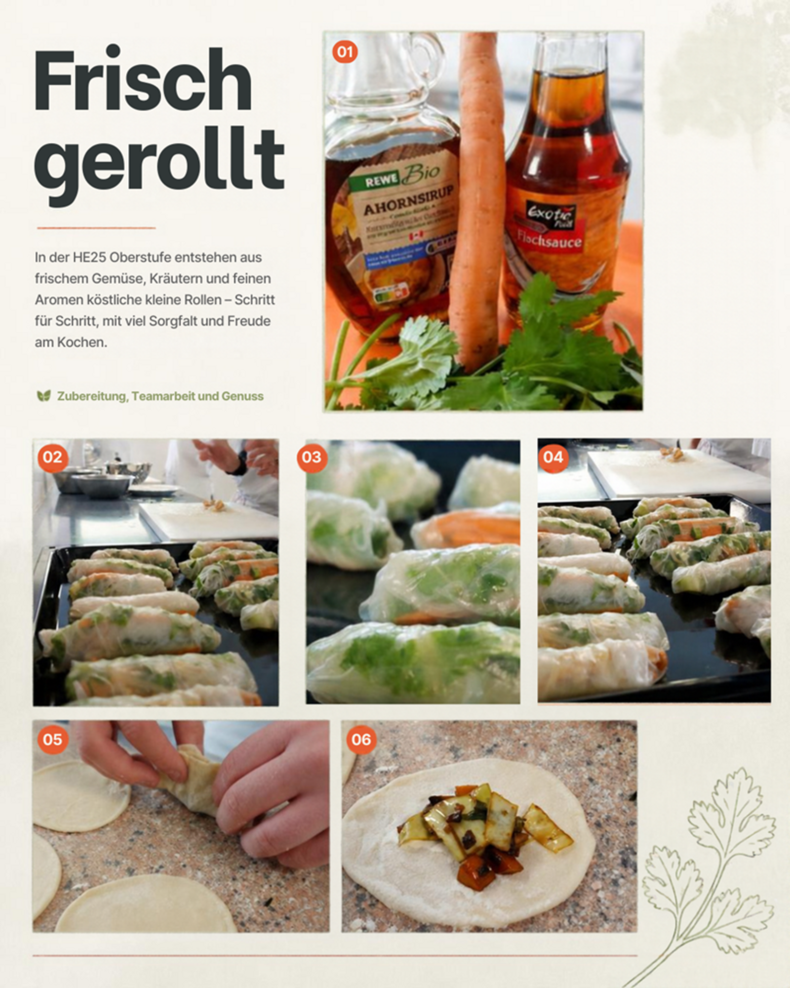 Bilder der Sommerrollen mit folgendem Text: Frisch gerollt - In der HE25 Oberstufe entstehen aus frischem Gemüse, Kräutern und feinen Aromen köstliche kleine Rollen - Schritt für Schritt, mit viel Sorgfalt und Freude am Kochen.